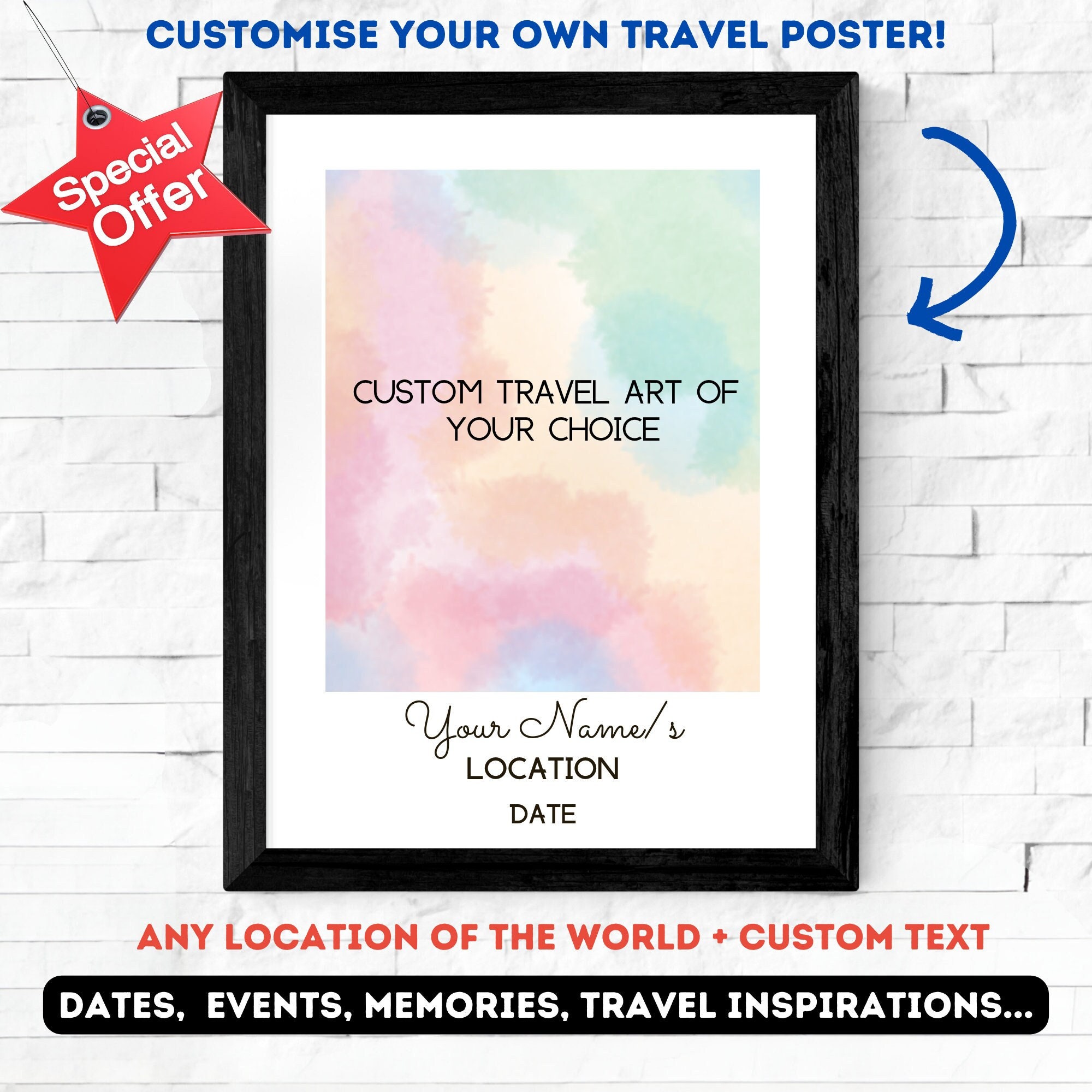 Stampa digitale di viaggio, poster di viaggio personalizzato, stampa artistica di viaggio personalizzata, regalo personalizzato per viaggiatore, stampa personalizzabile per le vacanze