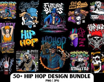 Ontwerpen hiphoprapper-T-shirtontwerpen: 50 png-bundel (digitale download)
