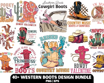 Western-Stiefel PNG-Bundle: Cowgirl-Shirt-Designs (Digitaler Download