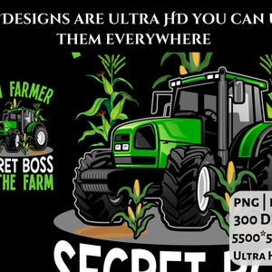 Pu&ograve; includere: Un design grafico con un trattore verde, grandi pneumatici neri, pannocchie di mais e il testo "MINI FARMER SECRET BOSS OF THE FARM". Il design include anche il testo "ALL DESIGNS ARE ULTRA HD YOU CAN USE THEM EVERYWHERE."