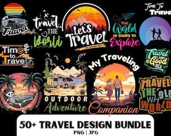 Pacote de design de camisetas de viagem: 50 arquivos PNG e JPG (download digital)