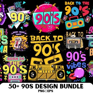 Op de afbeelding: Een verzameling retro ontwerpen met het thema jaren 90 op een zwarte achtergrond. De ontwerpen bevatten tekst als "Back to the 90's", "90's Mama" en "90's Vibes", samen met afbeeldingen van boomboxen, cassettes en cd's.