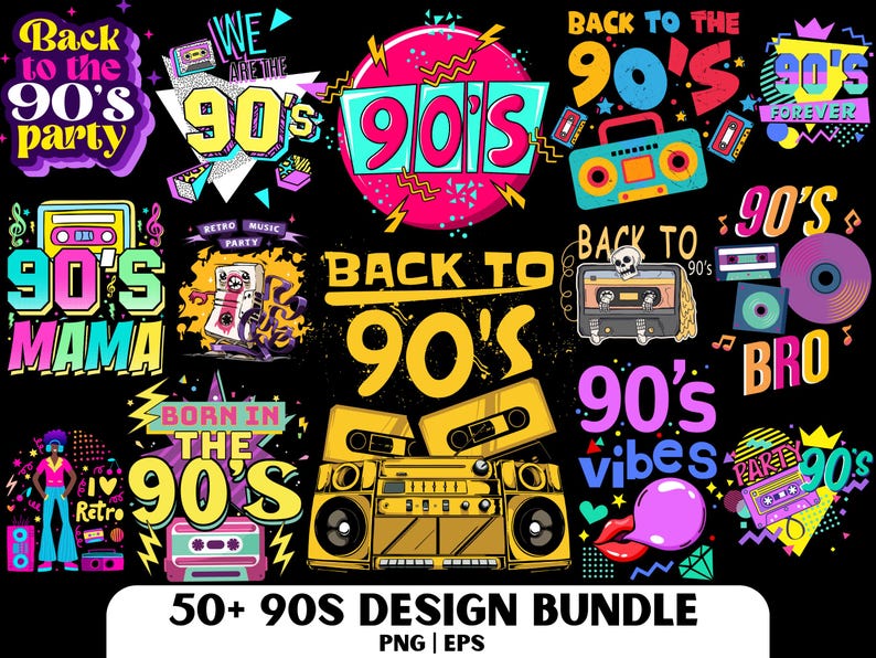 90s Shirt Design Bundle: Retro T-shirt PNG & EPS File, 90s Themed ...