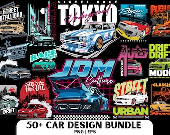 May include: A black graphic with multiple car illustrations and text including "Street Race Tokyo Underground" and "50+ Car Design Bundle". The image showcases various car designs in different colours, with Japanese text.