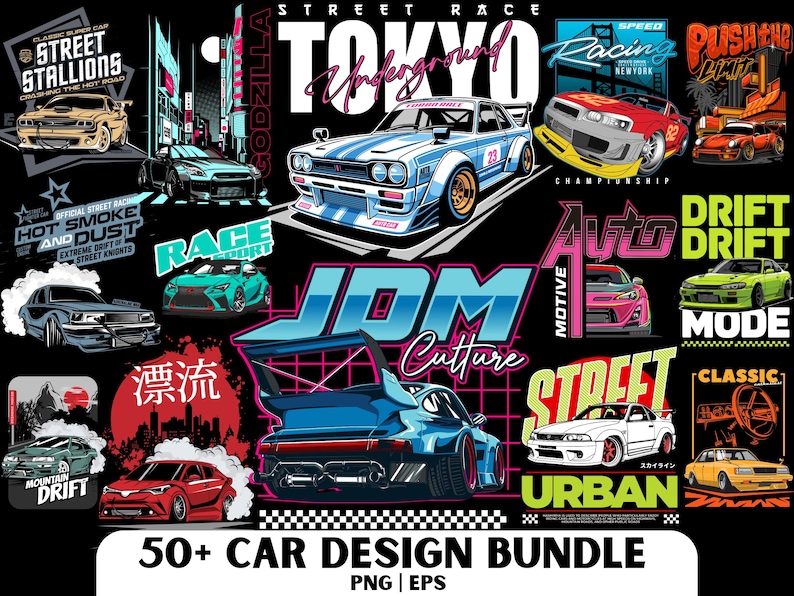 Puede incluir: Gr&aacute;fico negro con varias ilustraciones de coches y texto como "Street Race Tokyo Underground" y "50+ Car Design Bundle". La imagen presenta dise&ntilde;os de coches de diferentes colores, con texto japon&eacute;s.
