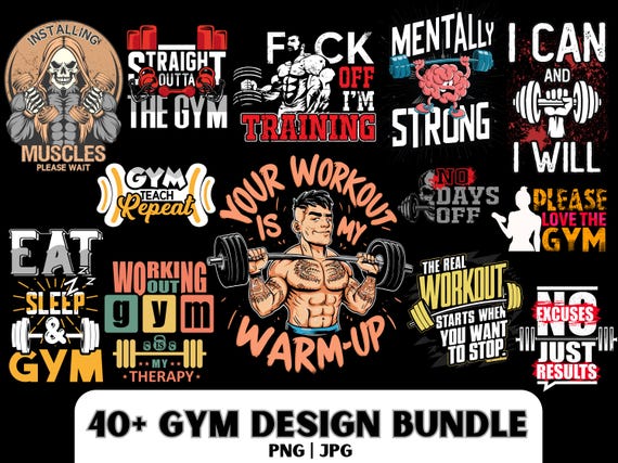 Gym T-Shirt Design Bundle: 40 PNG Fitness Graphics (Digital Download)