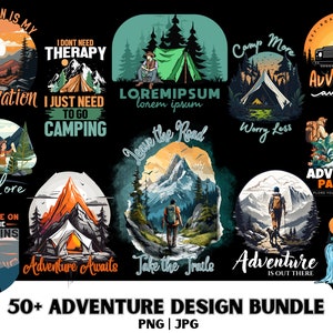 Adventure T-Shirt Design Bundle: Camping, Hiking PNG (Digital Download)