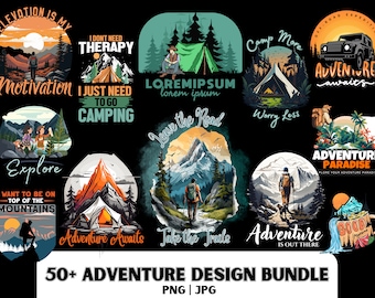 Adventure T-Shirt Design Bundle: Camping, Hiking PNG (Digital Download)
