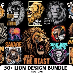 Puede incluir: Una colecci&oacute;n de m&aacute;s de 50 dise&ntilde;os de leones con diferentes poses y estilos. Los dise&ntilde;os incluyen leones rugientes, cabezas de leones y leones con citas motivacionales. Los dise&ntilde;os son perfectos para usar en camisetas, tazas, fundas de tel&eacute;fono y otros productos.