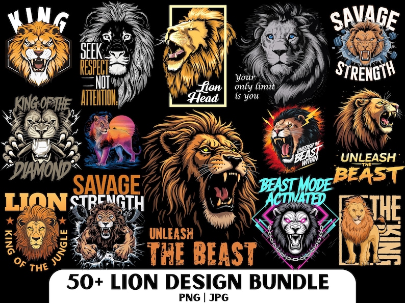 Puede incluir: Una colecci&oacute;n de m&aacute;s de 50 dise&ntilde;os de leones con diferentes poses y estilos. Los dise&ntilde;os incluyen leones rugientes, cabezas de leones y leones con citas motivacionales. Los dise&ntilde;os son perfectos para usar en camisetas, tazas, fundas de tel&eacute;fono y otros productos.