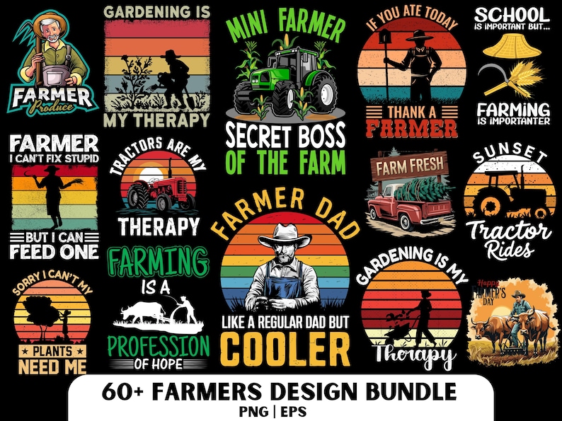 Pu&ograve; includere: Una collezione di design a tema agricoltura con testi come "Farmer Dad", "Mini Farmer" e "Gardening is My Therapy". I design presentano trattori, agricoltori e immagini legate all'agricoltura, il tutto su sfondi colorati di tramonti. Il pacchetto include file PNG ed EPS.