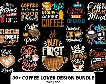 Coffee Lover T-Shirt Designs: PNG Clipart Bundle (Digital Download)