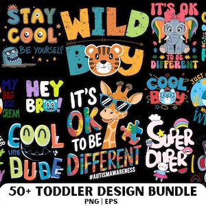Puede incluir: Una colección de diseños coloridos para niños pequeños sobre un fondo negro. Los diseños incluyen animales de dibujos animados, frases como "Stay Cool" y "Wild Boy", y el texto "50+ Toddler Design Bundle". Adecuado para ropa y manualidades.
