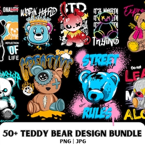 Paquete de diseño de camiseta de oso, diseño de oso de peluche PNG y JPG, paquete de diseño de ropa urbana de oso, ropa urbana, diseño de ropa urbana, diseño de camiseta.