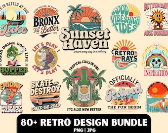 Retro T-Shirt Design Bundle: 80+ PNG & JPG (Digital Download)