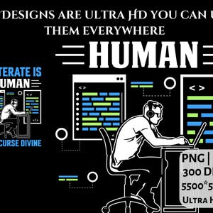 Puede incluir: Dise&ntilde;o gr&aacute;fico negro que muestra a un programador en un escritorio con una computadora port&aacute;til y ventanas de c&oacute;digo. El texto incluye "HUMAN", "TO ITERATE IS HUMAN" y "TO RECURSE DIVINE". La imagen es Ultra HD.