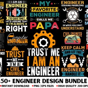 Może przedstawiać: Kolekcja projektów graficznych o tematyce inżynierskiej i technicznej z tekstami takimi jak Trust Me I Am An Engineer, My Favorite Engineer Calls Me Papa oraz Future Architect, wyświetlanymi w różnych czcionkach, kolorach i ikonach na czarnym tle.