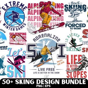 Op de afbeelding: Een verzameling van meer dan 50 ski-ontwerpafbeeldingen. De ontwerpen tonen skiërs, ski-uitrusting en zinnen als "Extreme Winter Games", "Ski Powers" en "Life is Better in the Snow". Het kleurenpalet omvat blauw, rood en oranje.