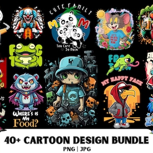 Diseño de camiseta de dibujos animados para archivos PNG y JPG, diseño imprimible de personajes de dibujos animados, diseño de dibujos animados para vestir y pegatinas con logotipos.