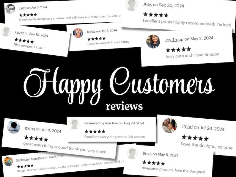 May include: Image showing customer reviews against a black backdrop. White text spells out "Happy Customers reviews." Multiple white rectangles showcase customer feedback with 5-star ratings. Reviews include comments like "good quality" and "nice designs."