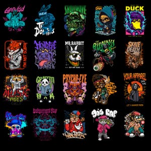 May include: A collection of twenty distinct graphic illustrations on a black background, featuring stylized characters including a rabbit, skull, duck, tiger, panda, astronaut, and various figures in streetwear, all rendered in vibrant, neon-accented colors.
