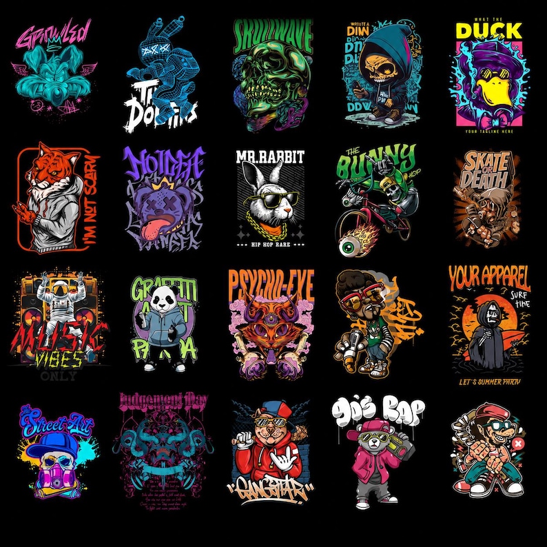 May include: A collection of twenty distinct graphic illustrations on a black background, featuring stylized characters including a rabbit, skull, duck, tiger, panda, astronaut, and various figures in streetwear, all rendered in vibrant, neon-accented colors.