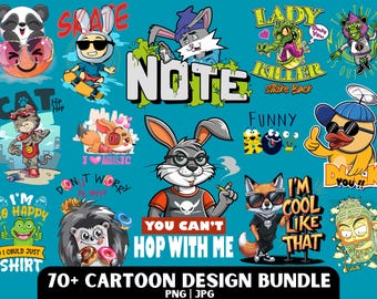 70 Cartoon Design PNG Bundle: Funny Kids Graphics (Digital Download)