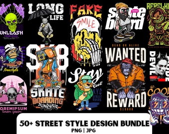 Urban Streetwear T-Shirt Designs: 50 PNG JPG Bundle (Digital Download)