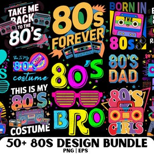 Puede incluir: Una colección de diseños gráficos coloridos con temática de los años 80. Los diseños incluyen textos como "80s Forever" y "Retro Music". También se presentan imágenes de radiocasetes, cintas de cassette y gafas de sol.