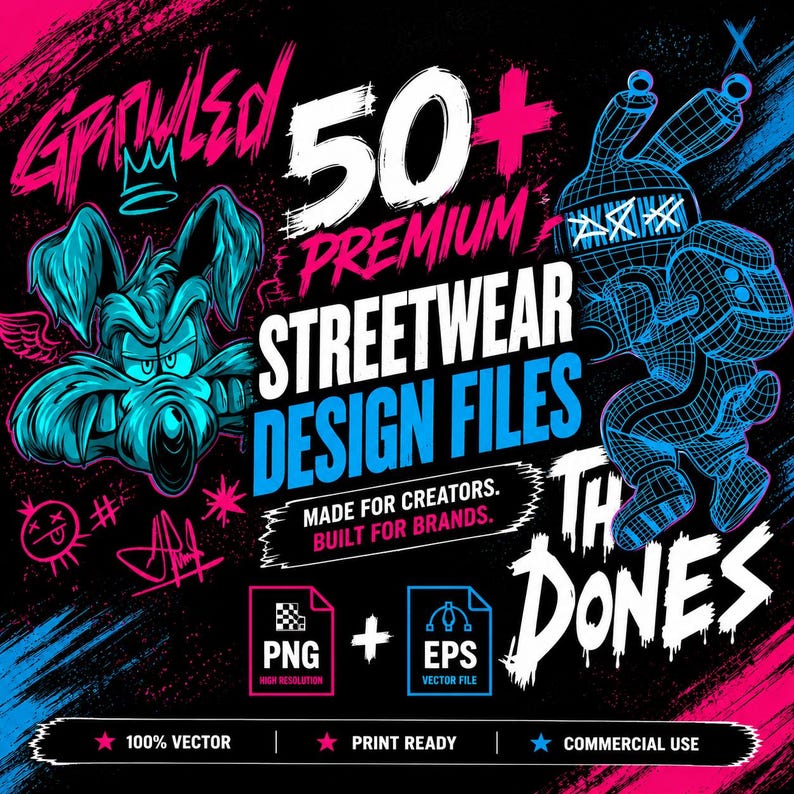 May include: A digital graphic design bundle featuring a cyan cartoon rabbit head, a blue wireframe character, and bold text reading 50+ PREMIUM STREETWEAR DESIGN FILES, MADE FOR CREATORS. BUILT FOR BRANDS. PNG and EPS file icons are included.