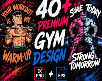 Paquete de diseños para camisetas de gimnasio: 40 gráficos PNG de fitness (descarga digital)