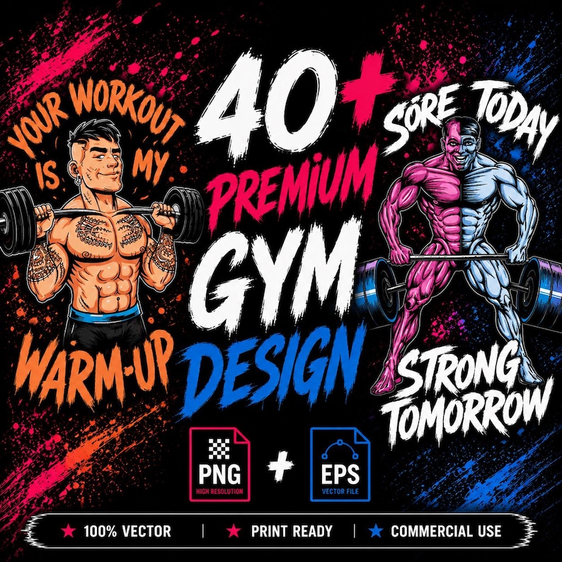 May include: A graphic design featuring two muscular figures lifting barbells, with text that reads "Your workout is my warm-up" and "Sore today, strong tomorrow." The design includes the words "40+ Premium Gym Design."