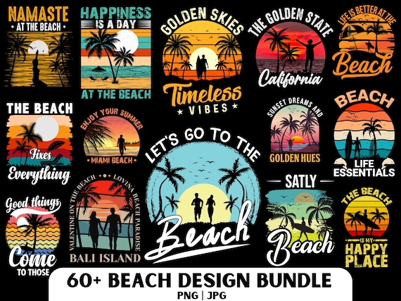 Beach Design PNG Bundle: Summer Vibes, Sunset Designs (Digital Download)