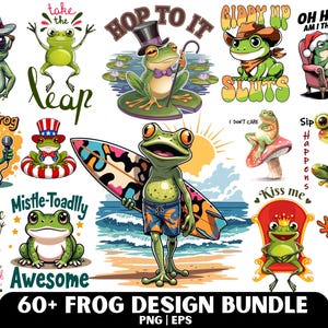 May include: A collection of cartoon frog designs in various poses and settings. Frogs are depicted with accessories like hats, surfboards, and microphones. Text elements include phrases like "Funky Frog," "Hop to it," and "60+ Frog Design Bundle."