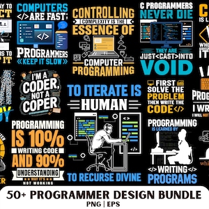 May include: A collection of programmer-themed designs with various quotes and graphics. The designs feature text like "I'm a coder, not a coper," and "Programming is 10% writing code and 90% understanding." The color scheme includes white, blue, and yellow on a black background.