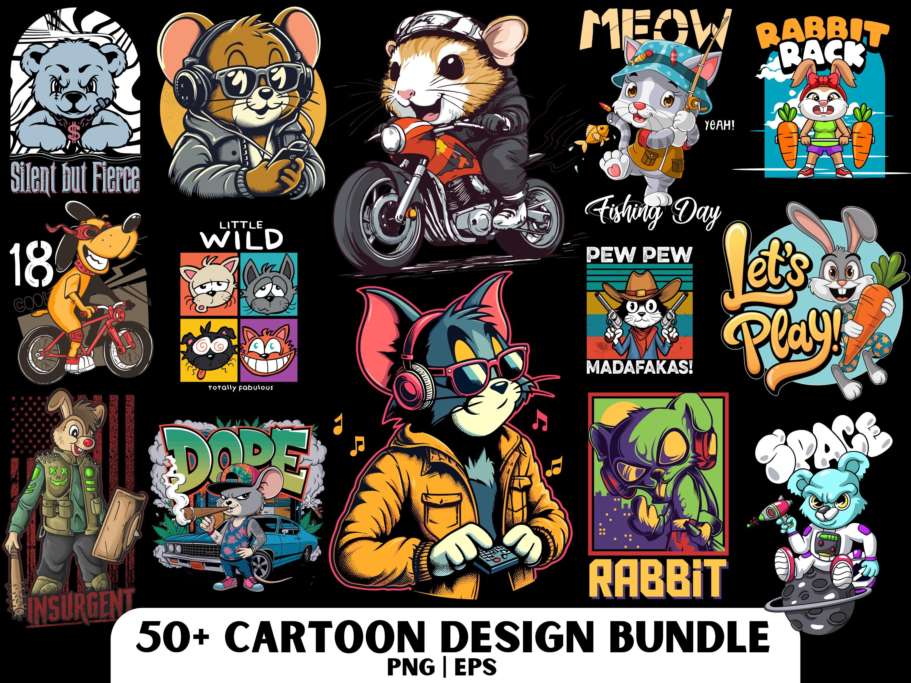 Cartoon T-Shirt Design Bundle: 50 PNG EPS Files (Digital Download)