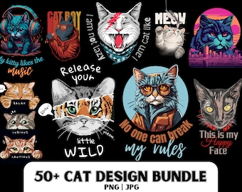 Designpaket med katt-T-shirts: 50+ kattcitat i PNG-format (digital nedladdning)