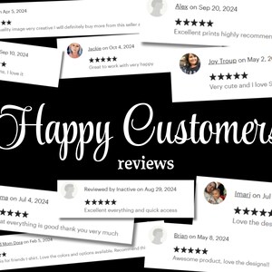 May include: Image featuring customer reviews on a black background. White text reads "Happy Customers reviews." Several white rectangles display customer comments with 5-star ratings. Reviews mention "good quality," "nice designs," and "excellent prints."