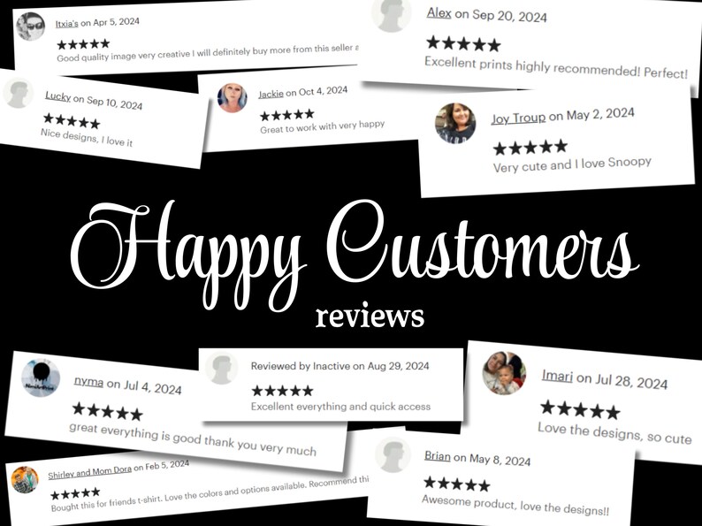 May include: Image featuring customer reviews on a black background. White text reads "Happy Customers reviews." Several white rectangles display customer comments with 5-star ratings. Reviews mention "good quality," "nice designs," and "excellent prints."