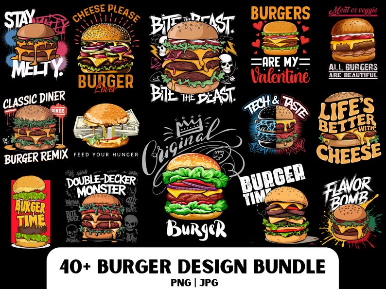 Pu&ograve; includere: Una collezione di oltre 40 design di hamburger colorati che presentano vari stili di hamburger, condimenti e slogan. I design sono perfetti per t-shirt, tazze e altri prodotti.