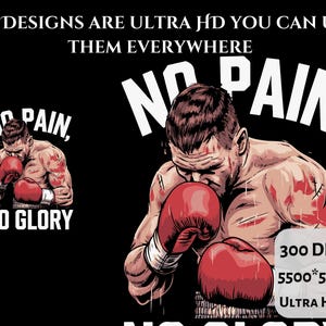 Peut inclure: Une illustration num&eacute;rique d'un boxeur avec le texte "No Pain, No Glory" en lettres blanches. Le boxeur porte des gants de boxe rouges et a une expression d&eacute;termin&eacute;e sur son visage. L'arri&egrave;re-plan est noir.
