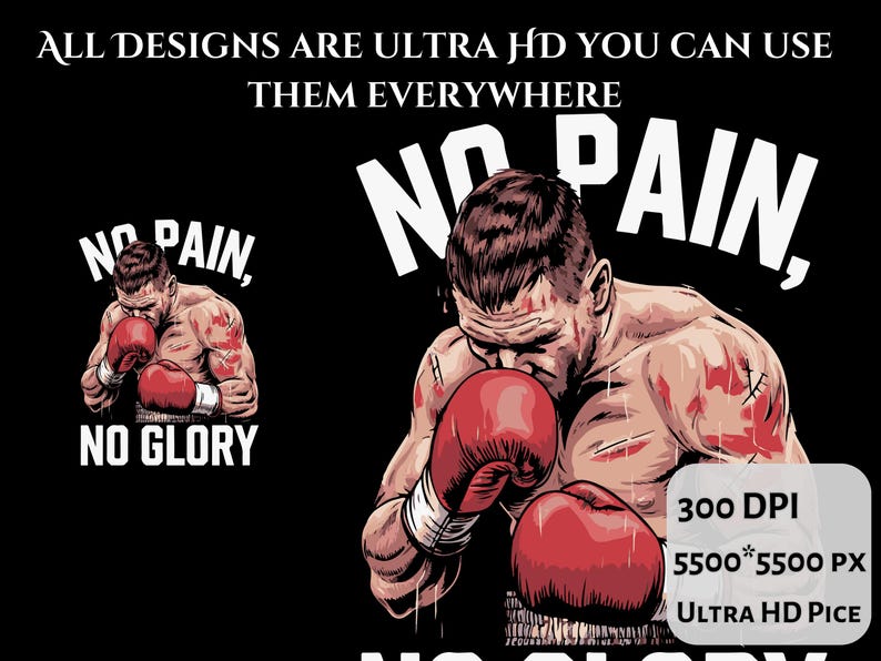 Peut inclure: Une illustration num&eacute;rique d'un boxeur avec le texte "No Pain, No Glory" en lettres blanches. Le boxeur porte des gants de boxe rouges et a une expression d&eacute;termin&eacute;e sur son visage. L'arri&egrave;re-plan est noir.