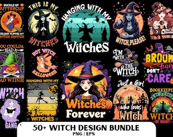 Witch PNG Clipart Bundle, Spooky T-Shirt Designs (Digital Download)