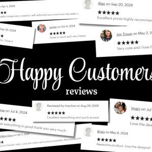 Puede incluir: Un fondo negro con las palabras "Happy Customers reviews" en escritura blanca. Varios rect&aacute;ngulos blancos con rese&ntilde;as de clientes y valoraciones por estrellas est&aacute;n dispersos por la imagen. Las rese&ntilde;as est&aacute;n fechadas entre febrero y septiembre de 2024.