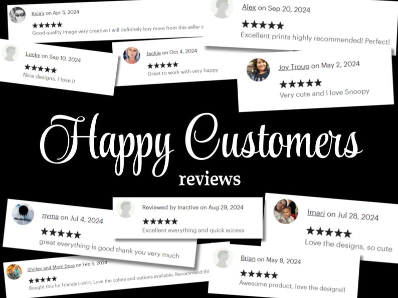 Puede incluir: Un fondo negro con las palabras "Happy Customers reviews" en escritura blanca. Varios rect&aacute;ngulos blancos con rese&ntilde;as de clientes y valoraciones por estrellas est&aacute;n dispersos por la imagen. Las rese&ntilde;as est&aacute;n fechadas entre febrero y septiembre de 2024.