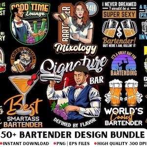 Könnte beinhalten: Eine digitale Sammlung von über 50 Barkeeper-Grafikdesigns mit Illustrationen von Barkeepern, Cocktailgläsern, Bierkrügen und verschiedenen Text-Slogans wie A Bartender Is Just A Pharmacist With A Limited Inventory und Mixology.