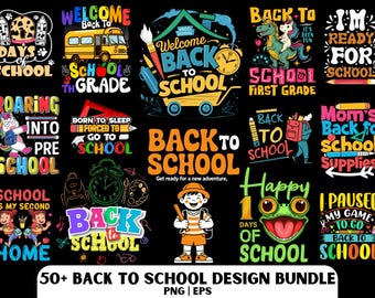 May include: A collection of colorful "Back to School" themed designs. The image features various graphics, including a school bus, a dinosaur, a unicorn, and a frog. Text includes "Welcome Back to School", "First Grade", and "School Supplies".