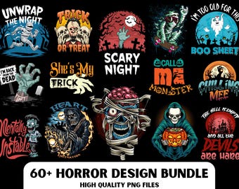 60 Horror PNG Bundle: Halloween T-Shirt Designs (Digital Download)
