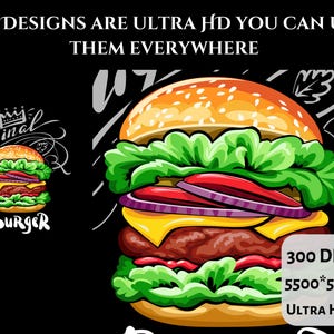 Pu&ograve; includere: Un'illustrazione di un grande hamburger con lattuga, pomodoro, cipolla, formaggio e un panino con semi di sesamo. Il testo "300 DPI 5500*5500 PX ULTRA HD PICE" &egrave; nell'angolo in basso a destra dell'immagine.