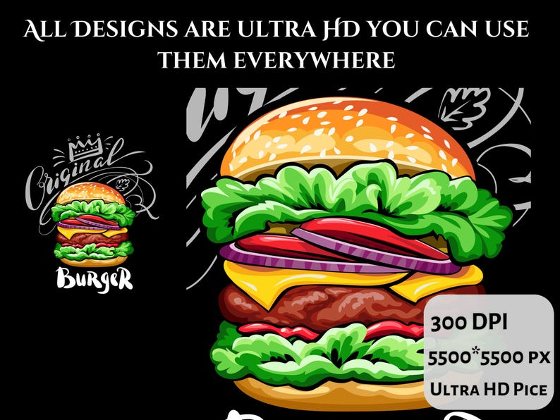 Pu&ograve; includere: Un'illustrazione di un grande hamburger con lattuga, pomodoro, cipolla, formaggio e un panino con semi di sesamo. Il testo "300 DPI 5500*5500 PX ULTRA HD PICE" &egrave; nell'angolo in basso a destra dell'immagine.